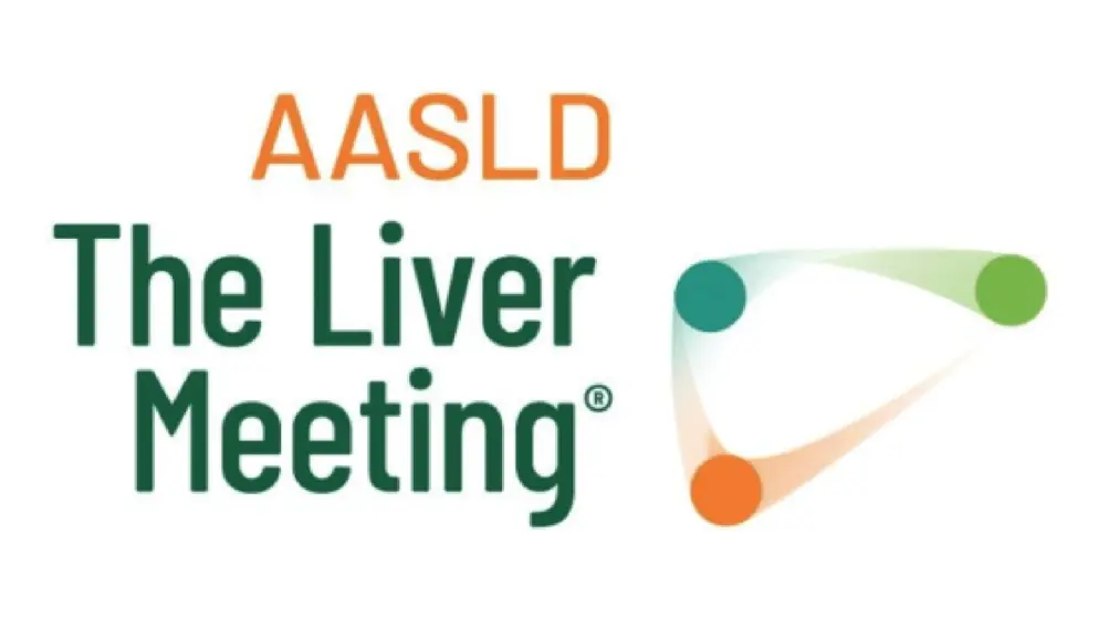 AASLD meeting 2025 logo, Yellow and Green text, liver icon made from teal, green and orange circles