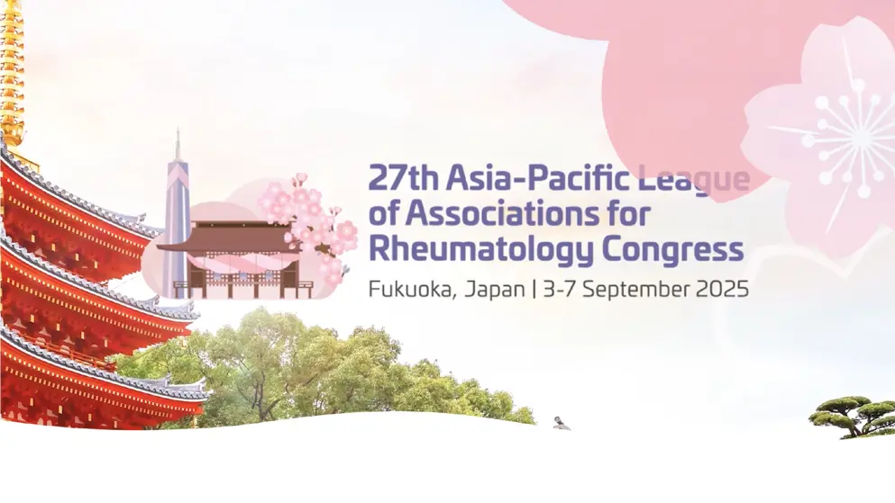 Asia-Pacific League of Associations for Rheumatology (APLAR), 2025 event teaser, image of Japan with text overlayed, pink, red, blue and purple colours