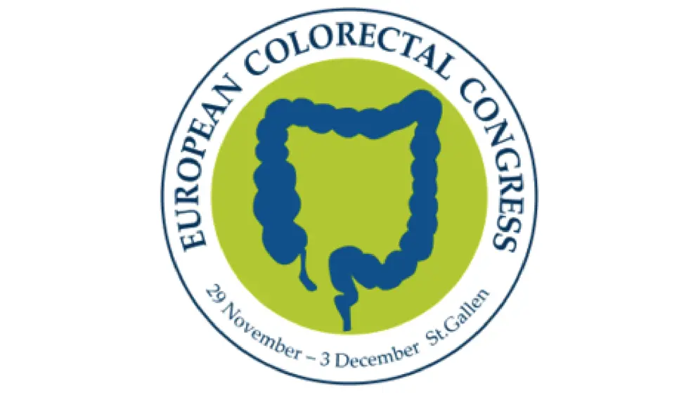 European Colorectal Congress (ECC) logo, blue silhouette of colon on bright green background, in circle with blue text around