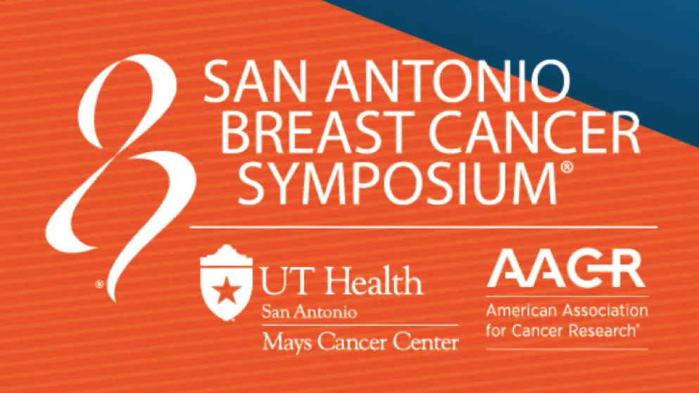 San Antonio Breast Cancer Symposium (SABCS) from 9th-12th December 2025, San Antonio, Texas, USA. Event teaser, Orange and blue background