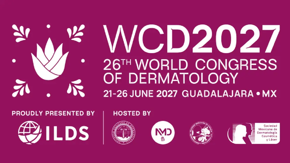 World Congress of Dermatology logo for 2027 congress, deep pink background and white text