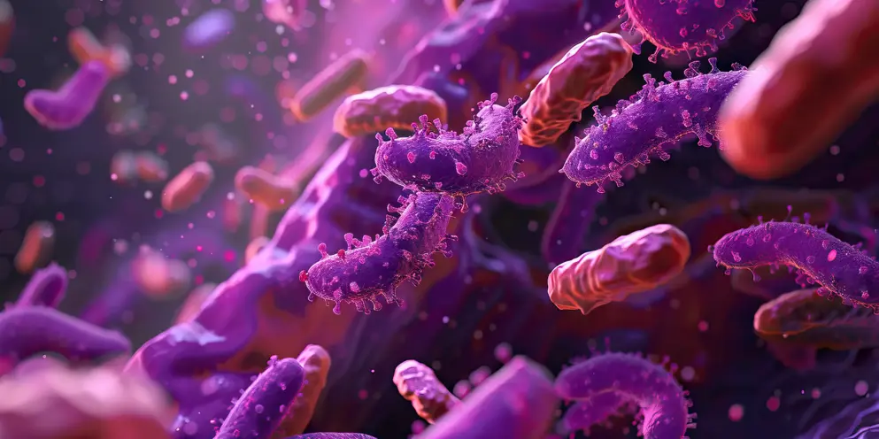 Illustration of antibiotics interacting with bacterial cells, showing mechanisms of microbial inhibition. 