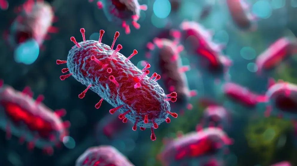 Aminoglycoside antibiotic targeting rod-shaped bacteria in a bluish-green lab setting with red surface details. 