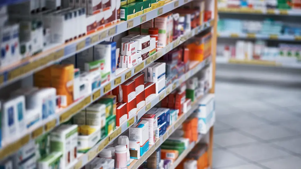 Shot of shelves stocked with various medicinal products in a pharmacy