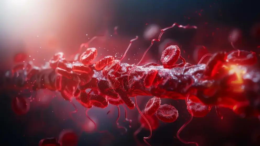 Deep vein thrombosis DVT. A medical condition that occurs when a blood clot forms in a deep vein. Red colours