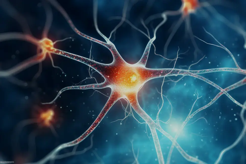 Illustration of neural network highlighting neurons involved in addiction, focusing on synapses affected by opioid use, depicting the complex brain activity linked to substance dependence