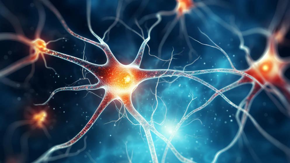 Illustration of neural network highlighting neurons involved in addiction, focusing on synapses affected by opioid use, depicting the complex brain activity linked to substance dependence