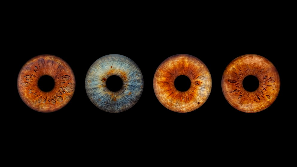 Close up of eye iris on black background, macro, photography