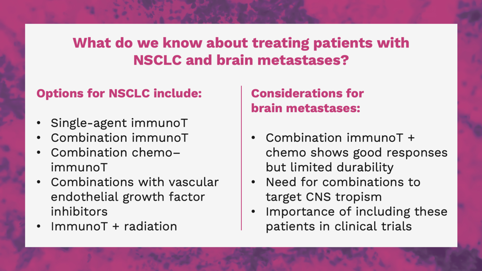 Slide outlining treatment options for NSCLC with brain metastases and considerations, including response durability, CNS targeting, and trial inclusion.