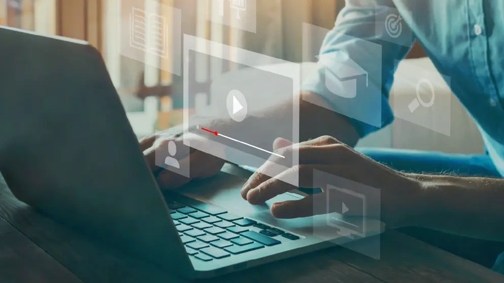 webinar online, e-learning concept, person at computer, blue and grey colours