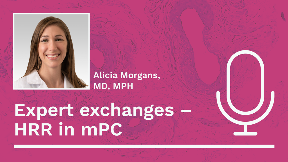 A headshot of Alicia Morgans is displayed on a pink background with the text “Expert exchanges – HRR in mPC.”
