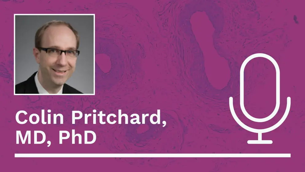A professional headshot of Colin Pritchard, MD, PhD, is displayed on a pink background with a white outline of a microphone to the right. The text "Colin Pritchard, MD, PhD" is written in white below the headshot.