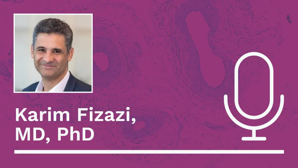 A professional headshot of Karim Fizazi is displayed on a purple background. The text “Karim Fizazi, MD, PhD” is written in white below, alongside a white microphone icon.