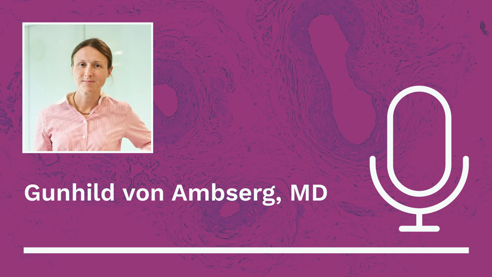 Professional headshot of Gunhild von Amsberg, MD, on a pink background with a white microphone icon and name in white text.