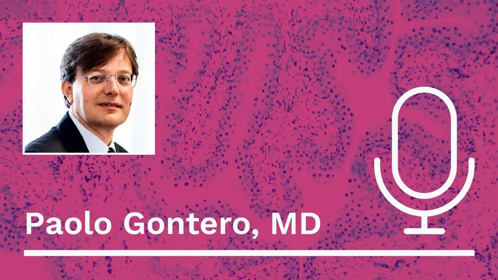 A professional headshot of Paolo Gontero is displayed on a pink patterned background. The text “Paolo Gontero, MD” is written in white below, alongside a white microphone icon.