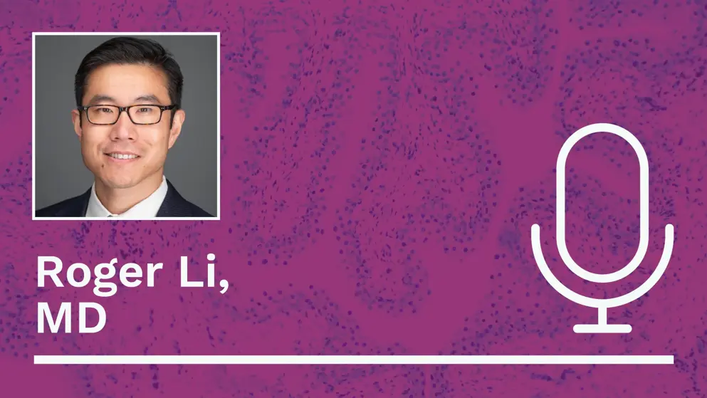A professional headshot of Roger Li, MD, is displayed on a purple background with a white outline of a microphone to the right. The text "Roger Li, MD" is written in white below the headshot.