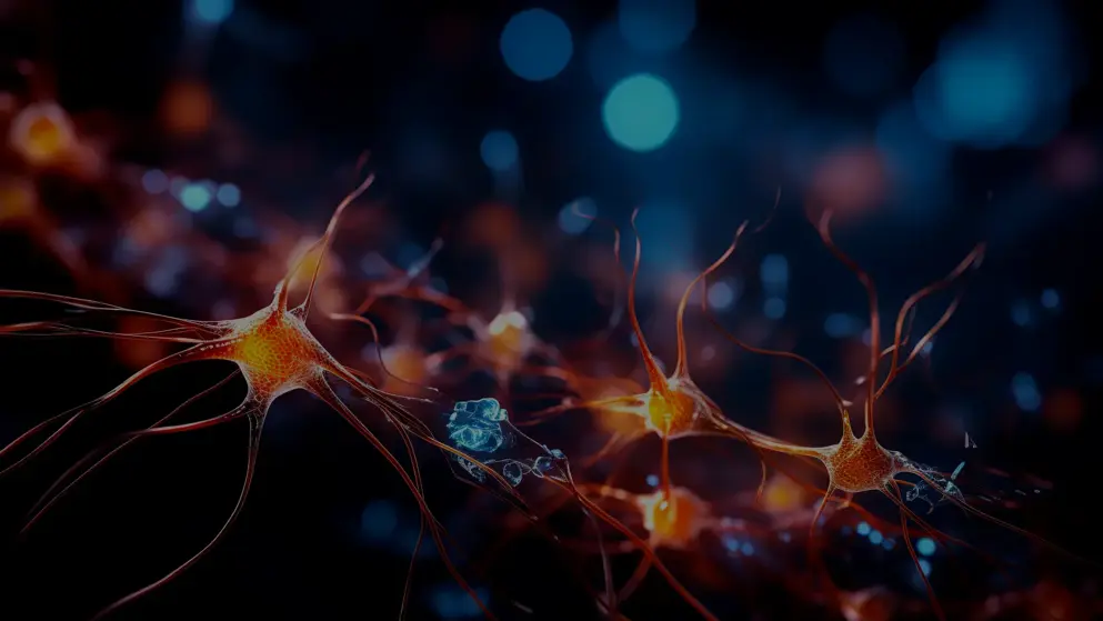 Digital illustration of neurons under a microscope, rendered in blue and orange