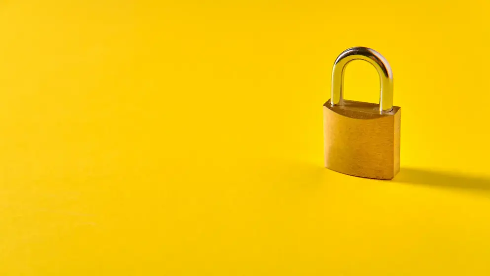 Brass padlock on a yellow background; privacy policy.