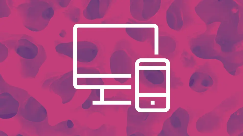 features, mobile and desktop devices logo white outline. Pink and purple background showing bone marrow micrograph