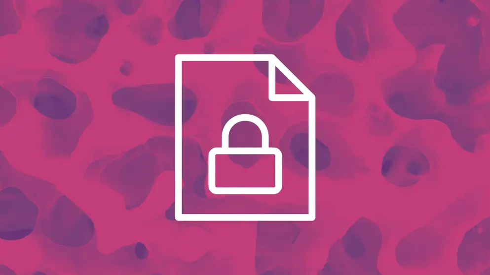 Privacy logo white outline. Pink and purple background showing bone marrow micrograph