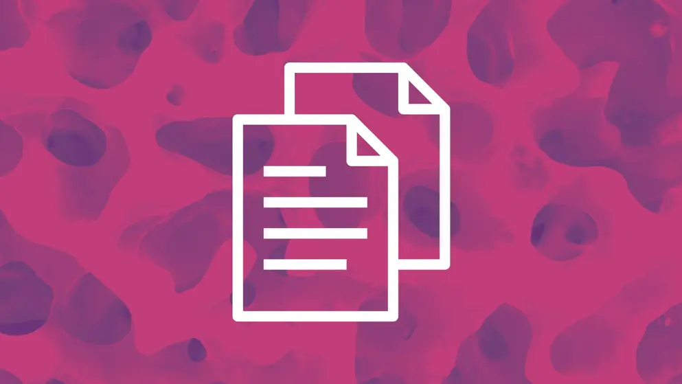 Terms of use, logo white outline. Pink and purple background showing bone marrow micrograph
