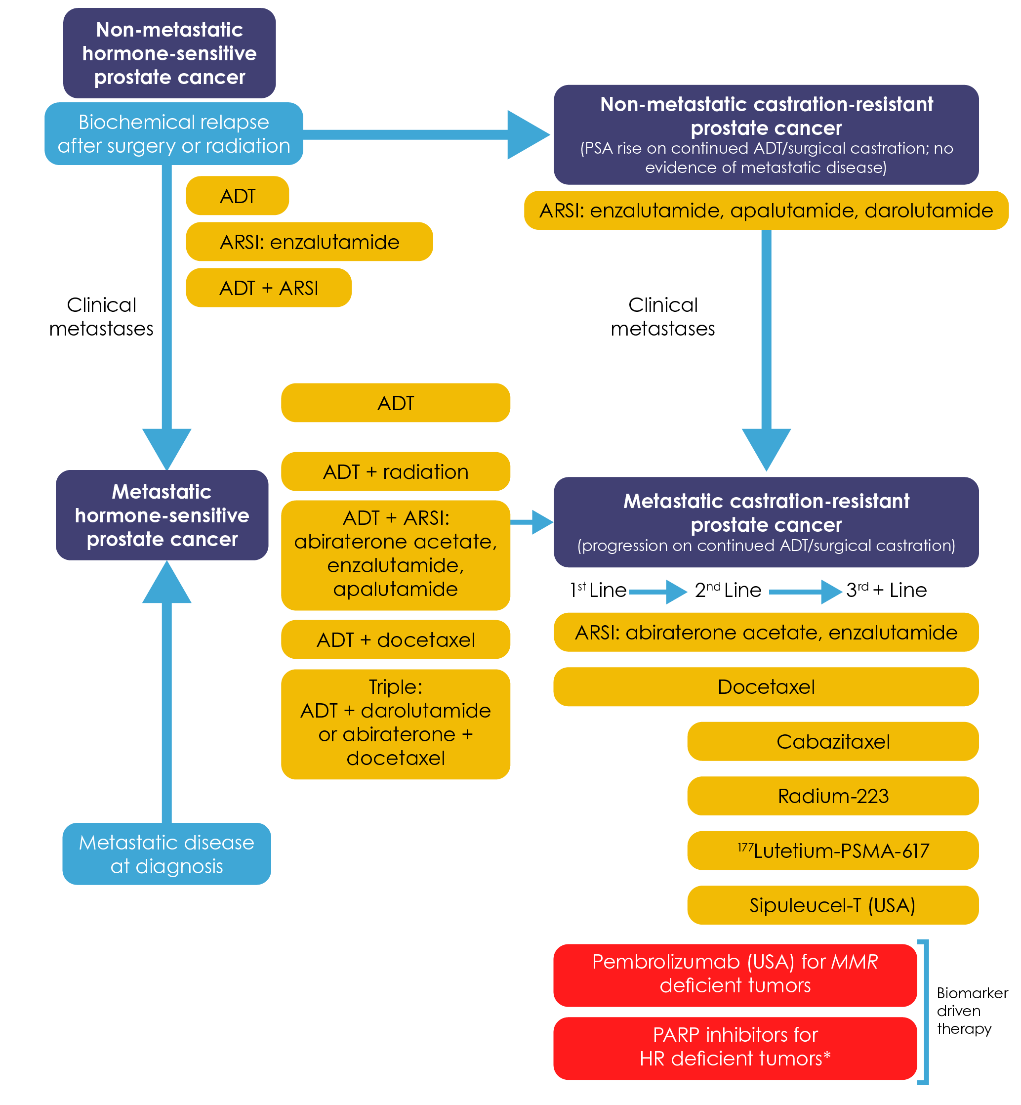 Figure 3. Treatment landscape for advanced prostate cancer.18 Reproduced from Mateo et al.18 with permission from Springer Nature. Some approved treatments refer to the USA only (see “USA” in figure). *Olaparib is also approved in the EU for mCRPC, combined with abiraterone and prednisone or prednisolone in patients for whom chemotherapy is not clinically indicated.19 Yellow boxes show approved treatments, irrespective of molecular profiling. Red boxes refer to biomarker-based treatments, approved only for molecularly defined subgroups with mCRPC. ADT, androgen deprivation therapy; ARSI, androgen-receptor signaling inhibitor; HR, hormone receptor; mCRPC, metastatic castration-resistant prostate cancer; MMR, mismatch repair deficiency; PARP, poly adenosine diphosphate-ribose polymerase; PSA, prostate-specific antigen.